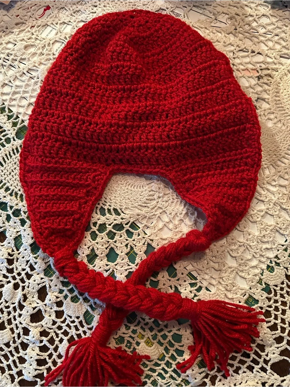 Handmade Crochet Character Earflap Hat - Teal & Red - Picture 4 of 4